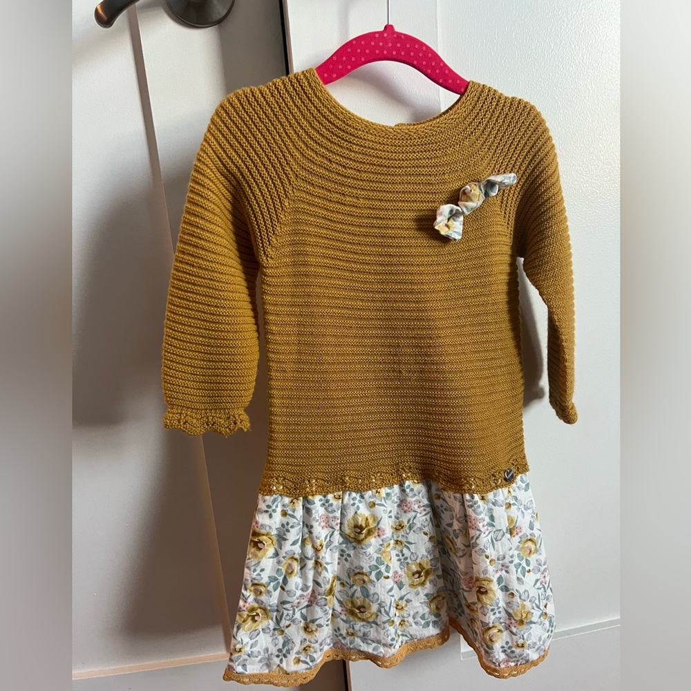 Mustard yellow and floral toddler sweater dress